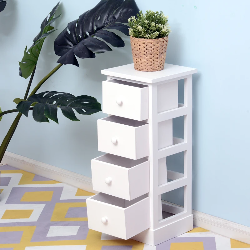 HOMCOM Set of 2 Wood Cabinet Tall Bedside Table Nightstand Storage Unit with 4 Drawers White