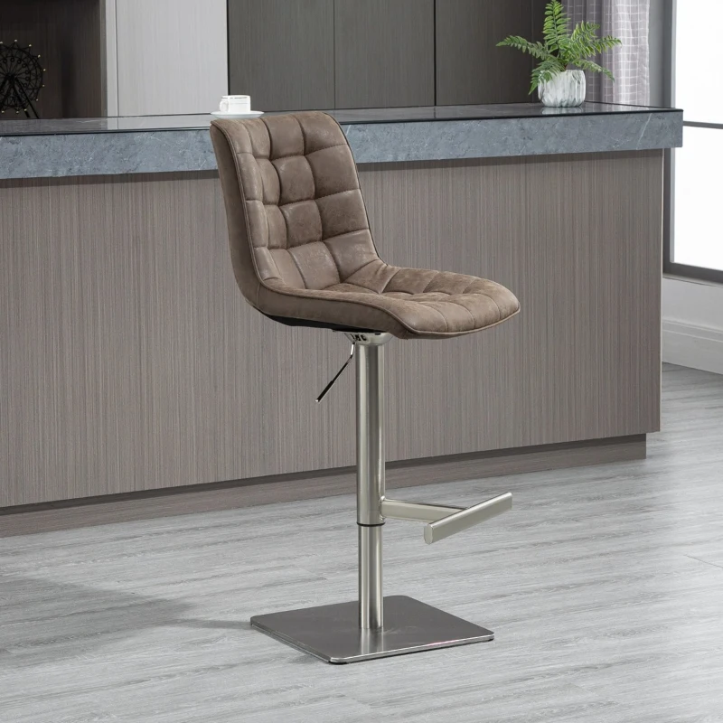 HOMCOM Vintage PU Leather Bar Stool with Stainless Steel Base, Adjustable Counter Height Bar Chair Swivel Barstool with Back, Footrest, Brown