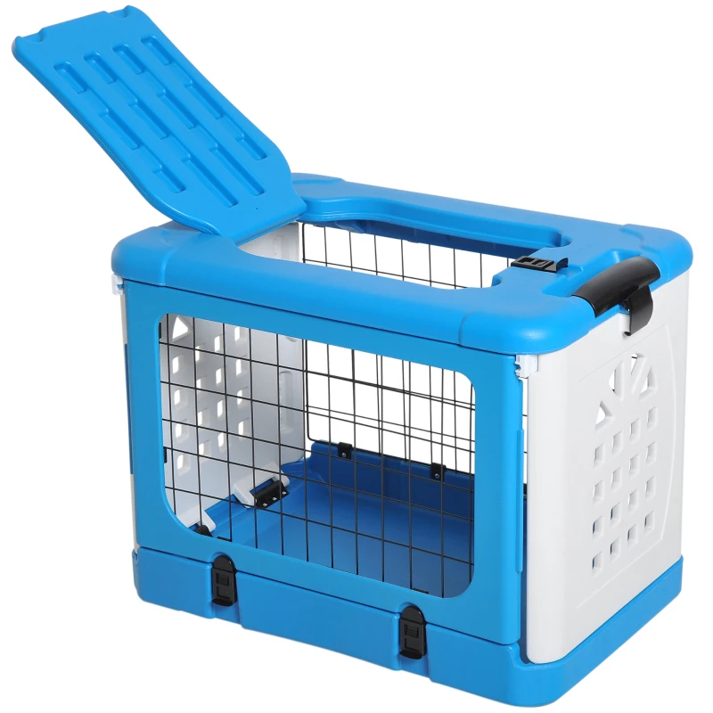 PawHut Foldable Cat Cage Flight Puppy Case Small Animal Travel Carrier Ventilation Hole w/ Top Load Pet Kennel Blue
