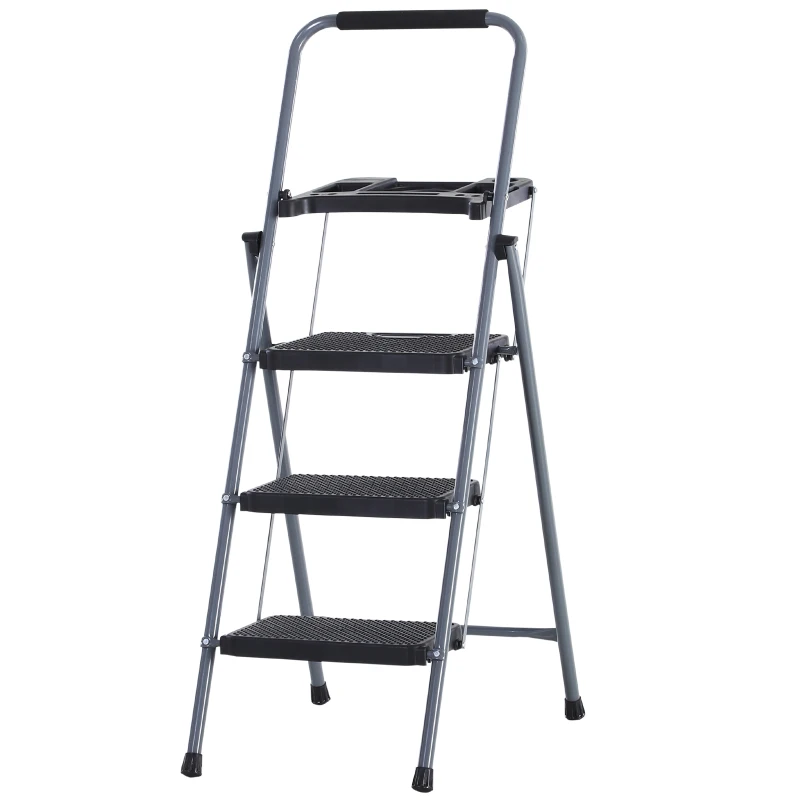 HOMCOM Foldable 3-Step Steel Ladder with Tool Tray  Handgrip  Anti-Slip Pads Grey and Black