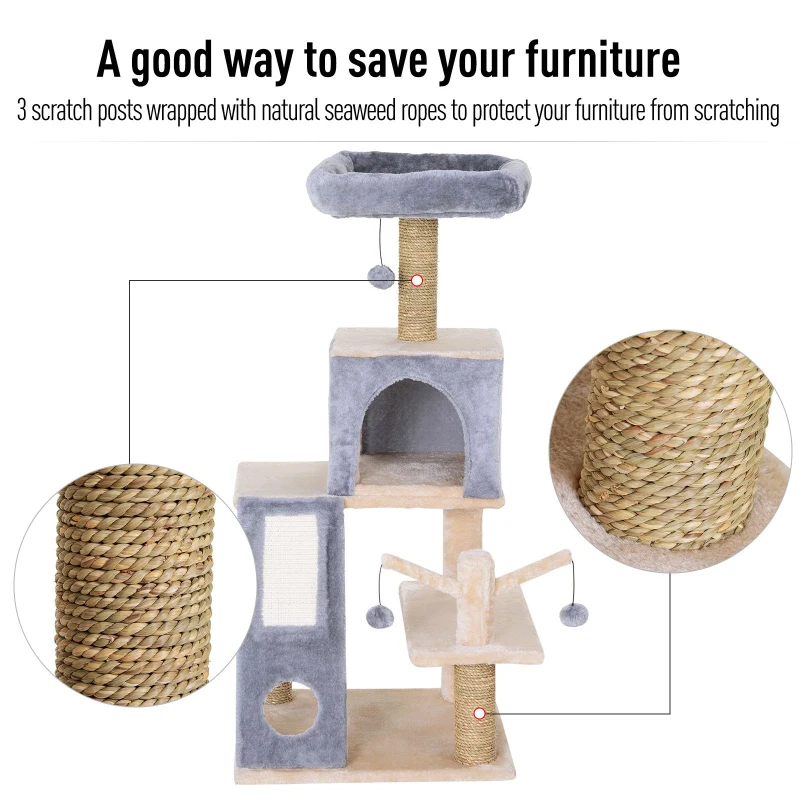 PawHut Cat Tree Tower with Natural Seaweed Scratch Posts Plush Perch  Ladder and Teasing Toy Ball
