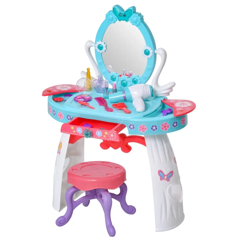 Qaba Kids Makeup Table and Chair, Vanity Set with Mirror Lights, Sounds, Accessories, Beauty Pretend Play, for 3-Year-Olds, Blue and White