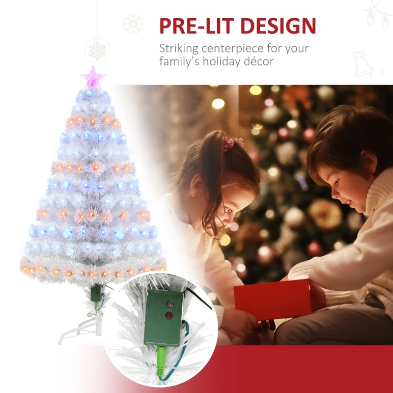 HOMCOM 4ft Fir Artificial Christmas Tree with Realistic Branches, 130 Multi-Color Fiber Optic LED Lights and 130 Tips, White