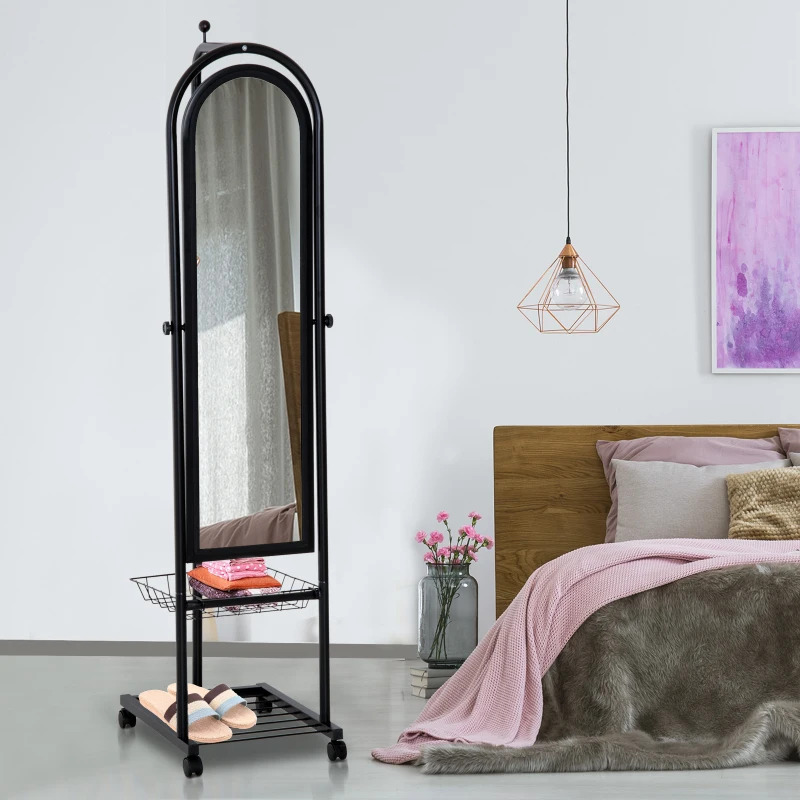 HOMCOM 65" Steel Rolling Floor Mirror Free Standing Tilt Dressing Mirror with Storage Home Furniture Black