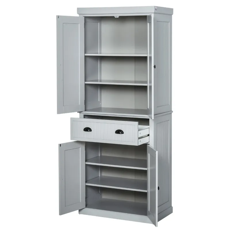 HOMCOM 72" Traditional Freestanding Kitchen Pantry Cabinet Cupboard with Doors and 3 Adjustable Shelves, Gray