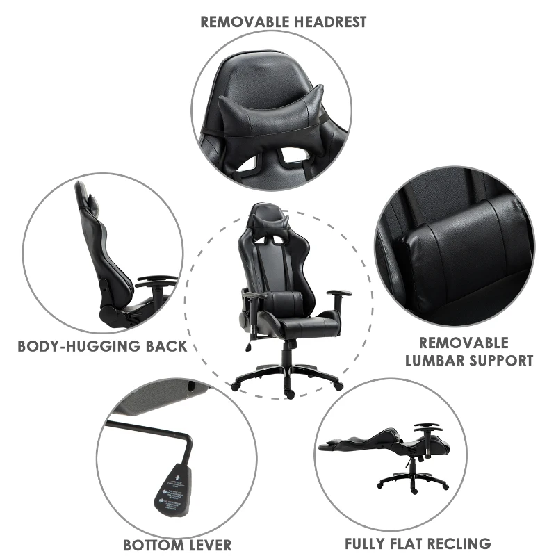 HOMCOM Executive Gaming Racing Office Chair Ergonomic Recliner Adjustable Swivel PU Padded Home Office Black
