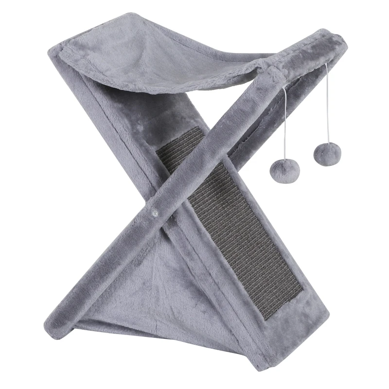 PawHut Fold-and-Store Cat Tower Kitty Activity Tree Center Scratcher Cave Hammock w/Hanging Balls Grey