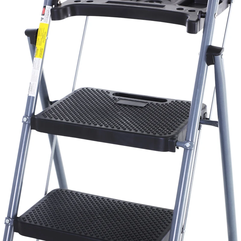 HOMCOM Foldable 3-Step Steel Ladder with Tool Tray  Handgrip  Anti-Slip Pads Grey and Black