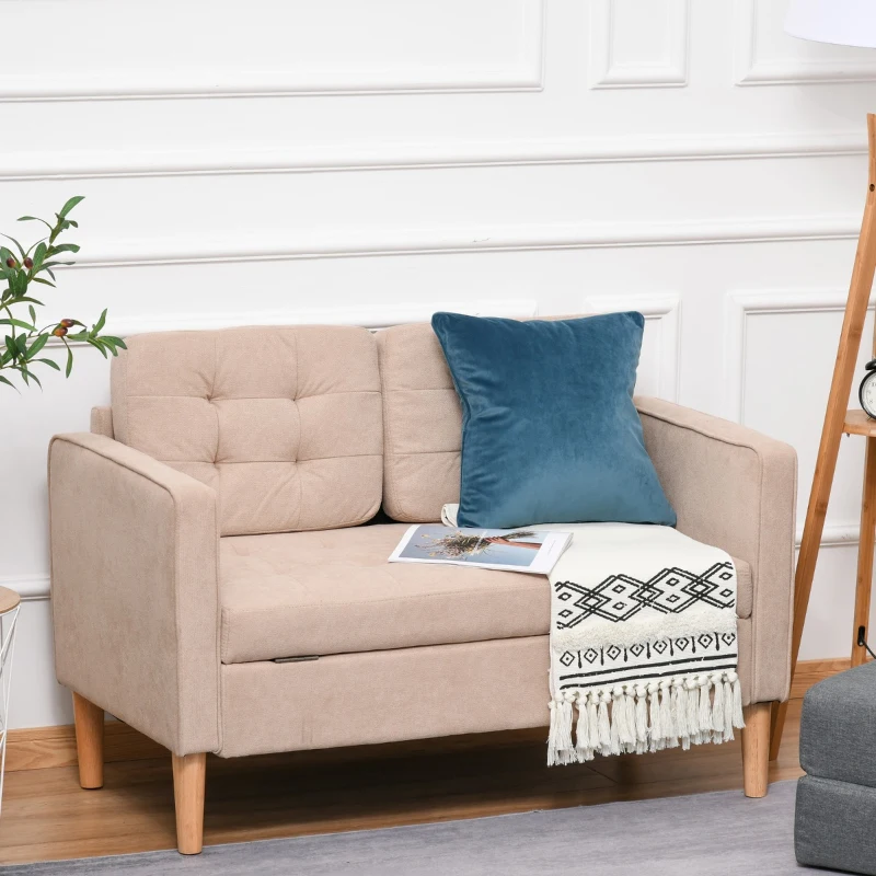 HOMCOM Modern 2-Seater Loveseat Button-Tufted Fabric Couch with Storage Chest, Cushions and Rubberwood Legs for Living Room, Light Brown