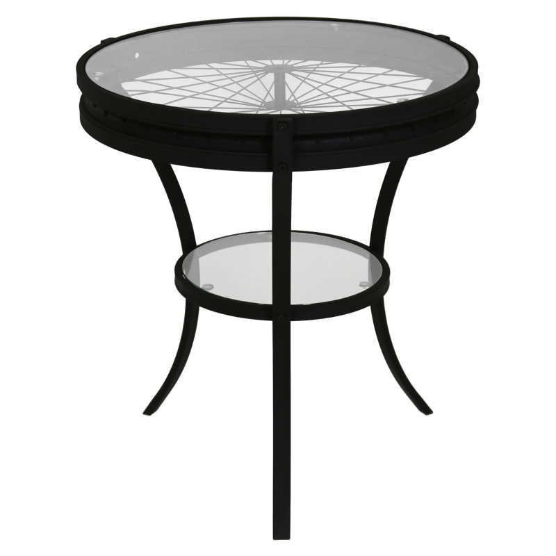 Monarch 22" Round 2-Tier Metal Wheel Spoke Design Accent Side Table - Hammered Black Finish