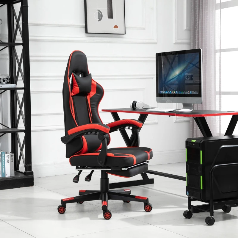 Vinsetto High Back Gaming Chair, PU Leather Racing Style Gamer Computer Chair with Retractable Footrest with Lumbar Support, Pillow and Adjustable Padded Armrests, Red