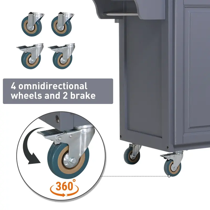 HOMCOM Rolling Kitchen Island on Wheels Ultility Cart with Drop-Leaf and Rubber Wood Countertop, Storage Drawer, Door Cabinet, Grey