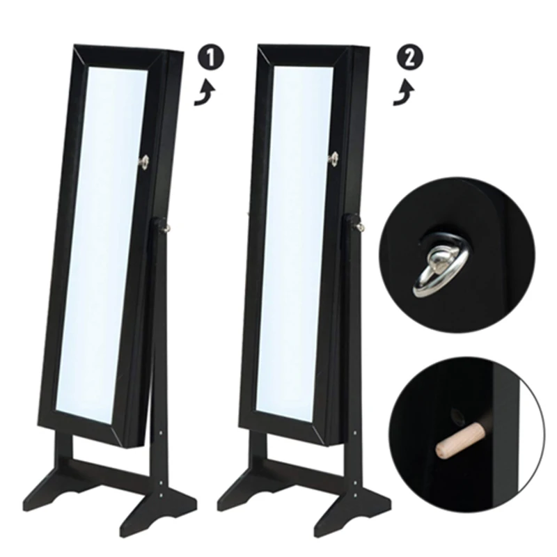 HOMCOM Mirrored Jewellery Cabinet Armoire Stand Organizer for Rings Earrings Bracelets Lockable Black