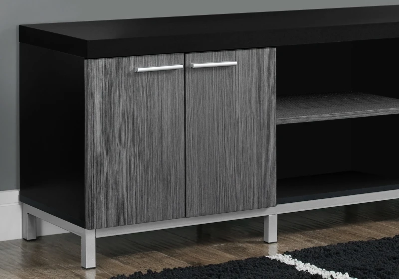 Monarch 60" Contemporary Hollow-Core Wood Grain-Look Double Door Storage Console TV Stand - Black / Grey Tones Finish