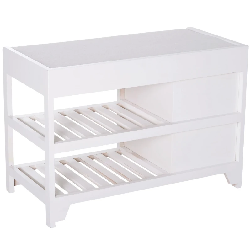 HOMCOM Compact Rustic Padded Wooden Shoe Rack Bench Organizer With Drawers - Country White