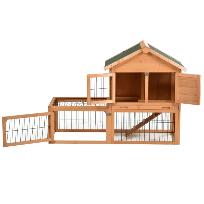 PawHut 53" Wooden Rabbit Hutch Bunny House Poultry Cage With Outdoor Run, Removable Tray, Ramp and Weatherproof Roof