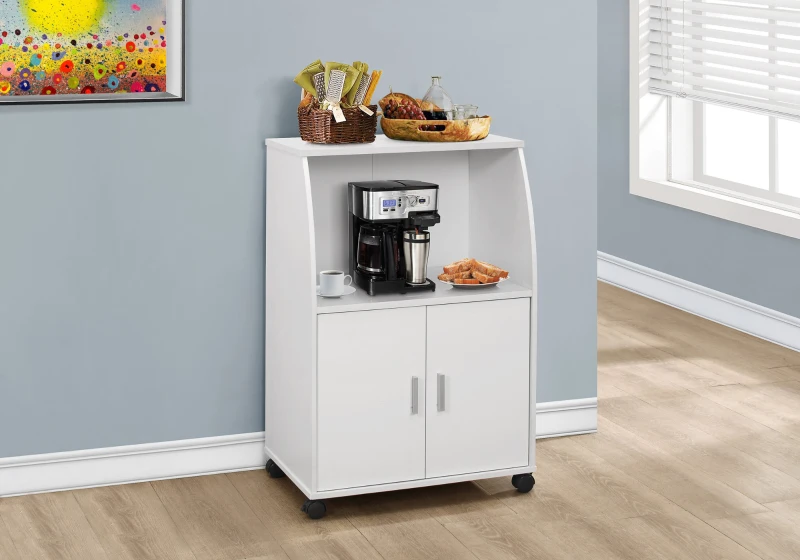 Monarch 33" Two-Door Open Storage Multi-Purpose Kitchen Cart with Wheels - White Finish