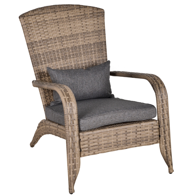 Outsunny Patio Adirondack Chair with All-Weather Rattan Wicker, Soft Cushions, Tall Curved Backrest for Deck or Garden, Grey
