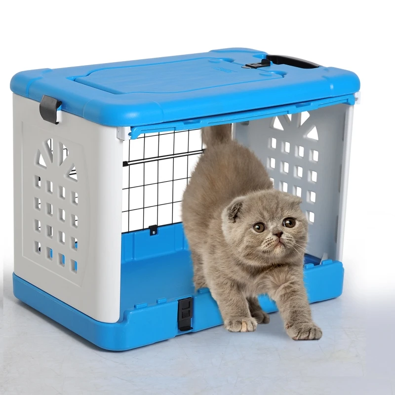 PawHut Foldable Cat Cage Flight Puppy Case Small Animal Travel Carrier Ventilation Hole w/ Top Load Pet Kennel Blue