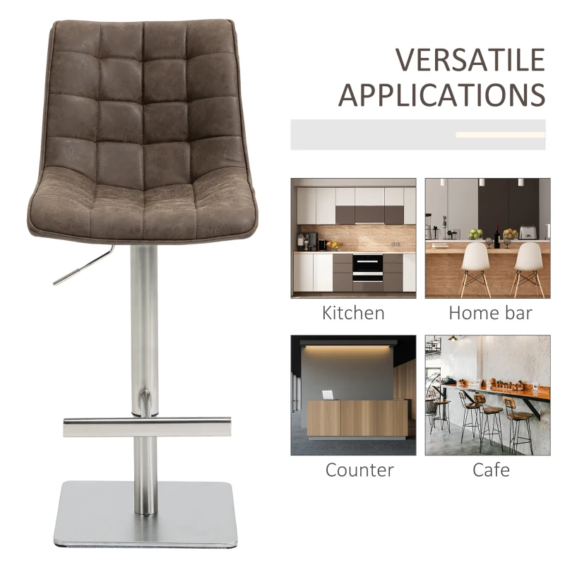HOMCOM Vintage PU Leather Bar Stool with Stainless Steel Base, Adjustable Counter Height Bar Chair Swivel Barstool with Back, Footrest, Brown