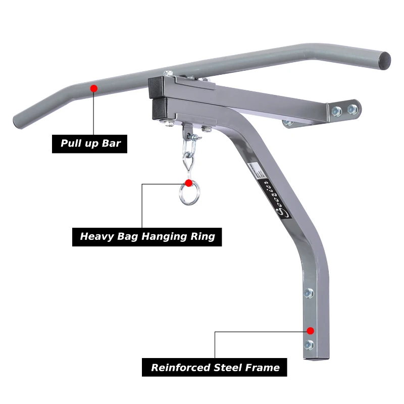 Soozier 2 in 1 Heavy-duty Wall Mounted Pull Up Bar with Punching Bag Hanger Boxing Training Hook Strength Training Machine Grey
