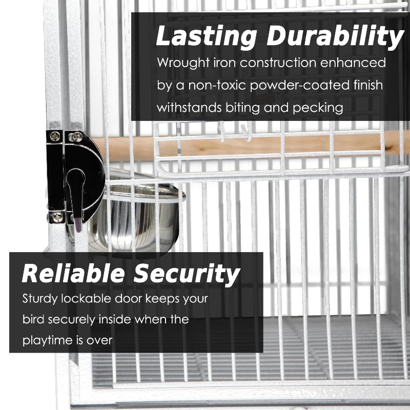 PawHut 18" Heavy Duty Wrought Iron Travel Bird Cage Carrier With Handle Perch And Accessories - White