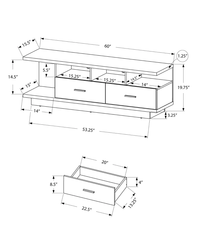 Monarch 60" Contemporary Wood Grain-Look Open Shelf Storage 2-Drawer Console TV Stand - Dark Taupe Finish