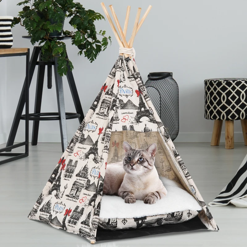 PawHut Foldable Teepee Puppy Dog Cat Bed Tents & Houses Pet Small Washable with Cushion