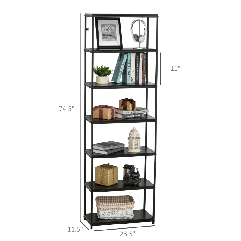 HOMCOM Modern 7 Tier Bookshelf Bookcase Utility Storage Shelf Organizer for Home Office with Display Rack Metal Frame, Walnut