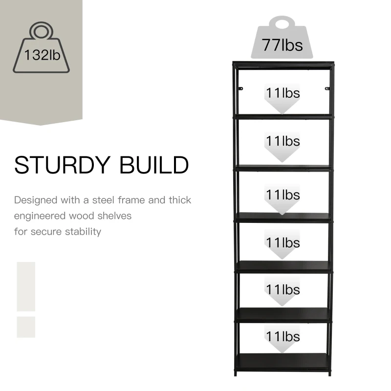 HOMCOM Modern 7 Tier Bookshelf Bookcase Utility Storage Shelf Organizer for Home Office with Display Rack Metal Frame, Walnut