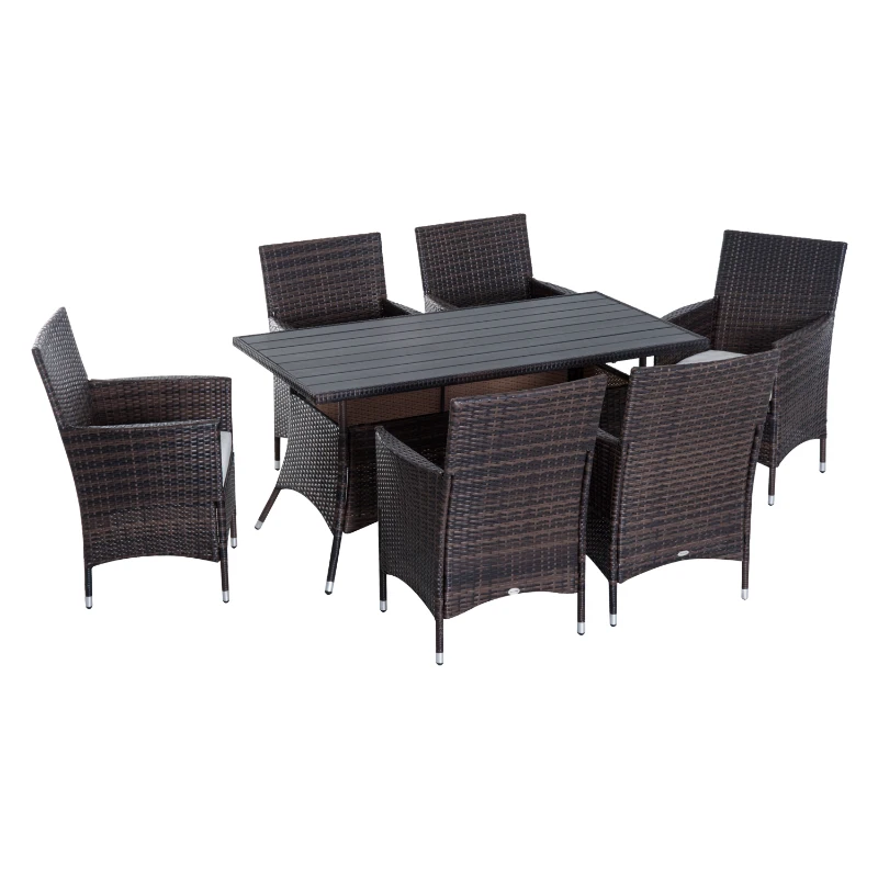 Outsunny 7 Pieces Rattan Dining Set Garden Wicker Furniture Slatted Tabletop Deck