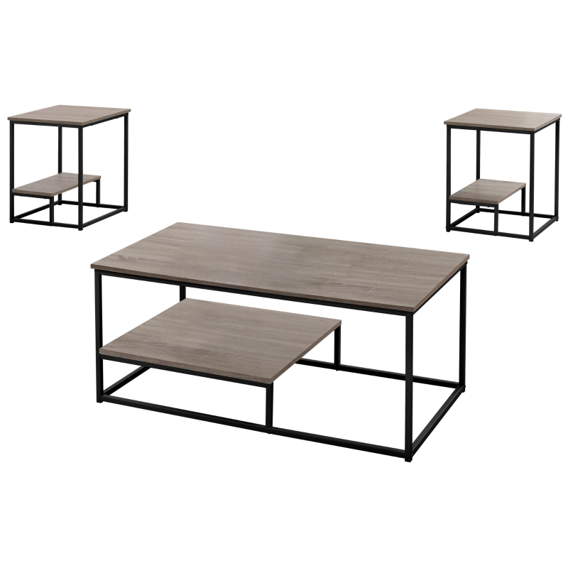 Monarch 3 Piece Modern Minimalist Wood-Look Coffee Table / Two Matching End Tables Set - Dark Taupe / Black Metal