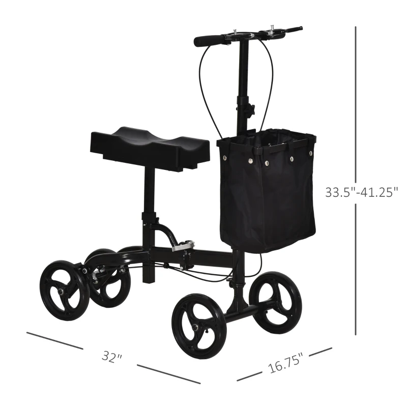 HOMCOM Knee Walker w/ Basket Safety Lock Crutch Alternative PU Seat Rehabilitating Rollator Black