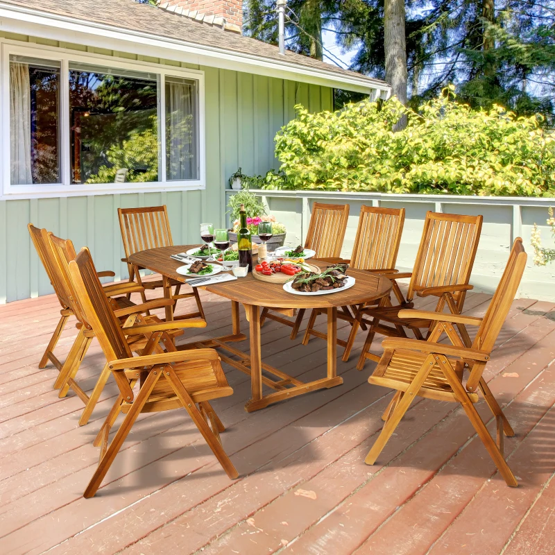 Outsunny 9pcs Acacia Wood Dining Set Expandable Table Folding Chair