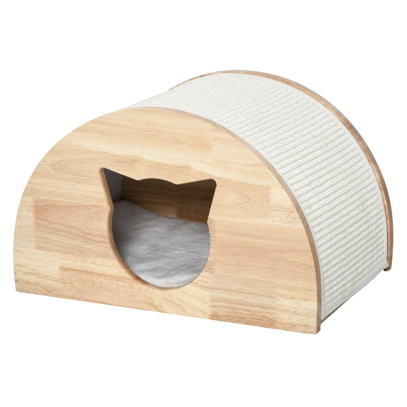 PawHut Wooden Cat House with Cat-Shaped Entrance Sisal Scratching Carpet Soft Cushion - Natural