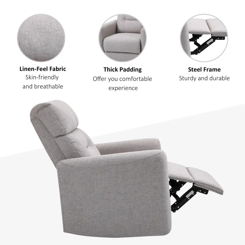 HOMCOM Manual Recliner Swivel Rocker Chair Theater Chair Single Sofa with Linen Fabric for Living Room Bedroom, Beige