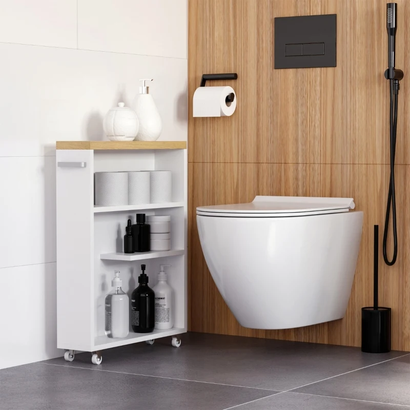 Kleankin Slim Bathroom Cabinet with Castor Wheels Storage Organizer and Wood Shelves To Fit In Small Spaces, White