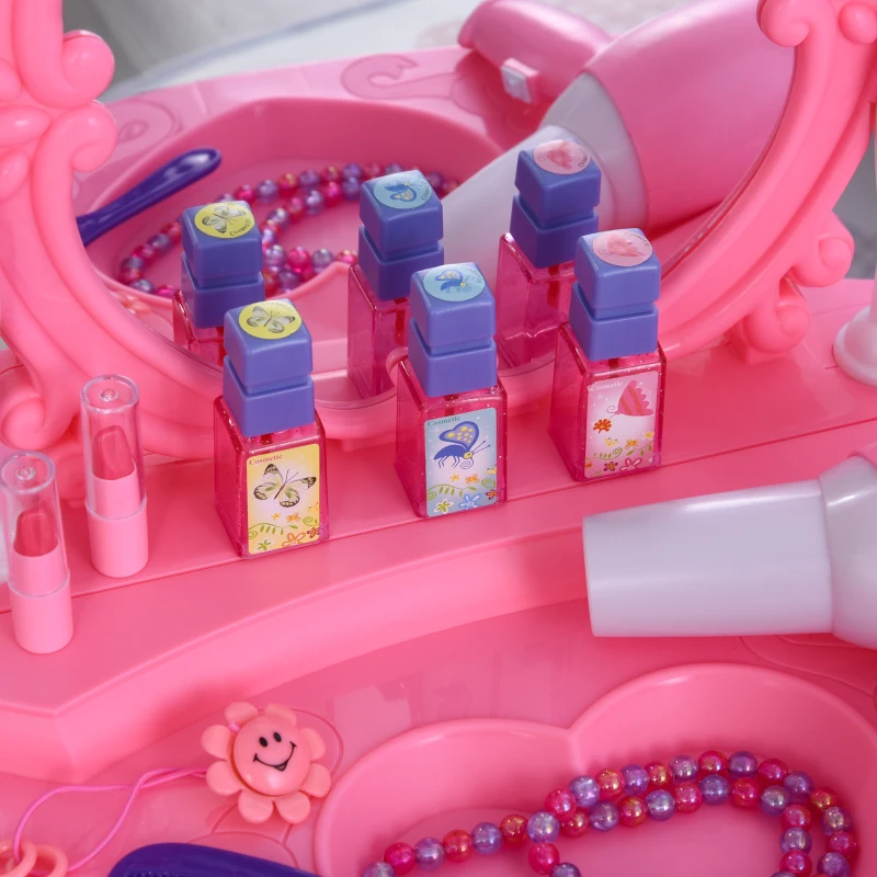 Qaba Kids Vanity Set, Pretend Play Girls Makeup Vanity with Lights, Music, Hair Dryer and Makeup Accessories, Pink