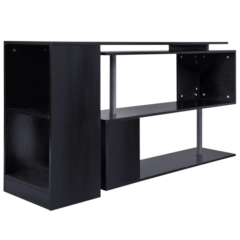 HOMCOM 55" 360° Rotating Corner Computer Desk Modern L-Shaped Home Office Workstation with 3-Tier Storage Shelves, Bookshelf, Black