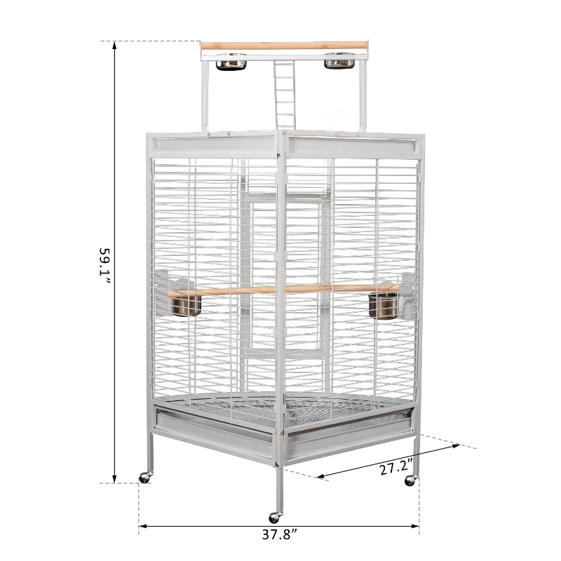 PawHut Corner Parrot Bird Cage Perch Roof Play Top Ladder w/4 Casters White