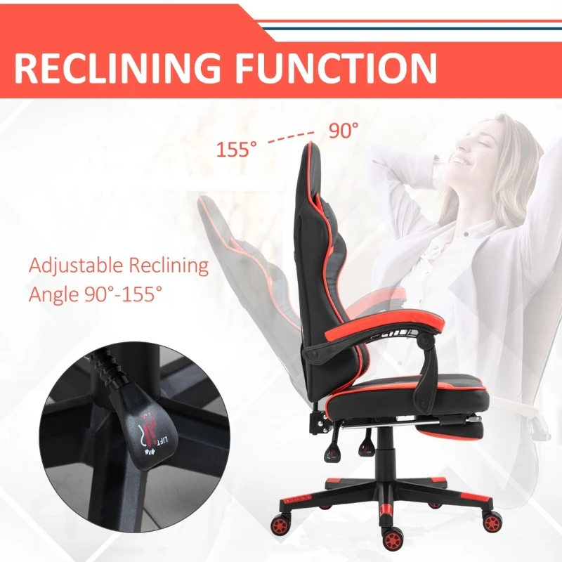 Vinsetto High Back Gaming Chair, PU Leather Racing Style Gamer Computer Chair with Retractable Footrest with Lumbar Support, Pillow and Adjustable Padded Armrests, Red