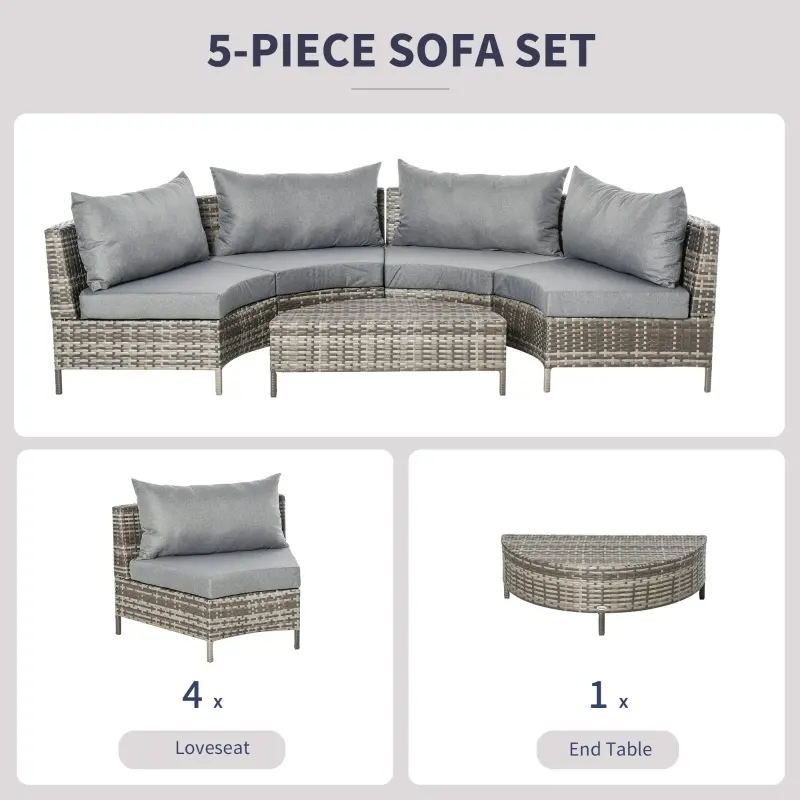 Outsunny 5PC Outdoor Patio Furniture Set Garden Rattan Wicker Sofa Cushioned Half-Moon Seat Deck w/ Pillow Grey