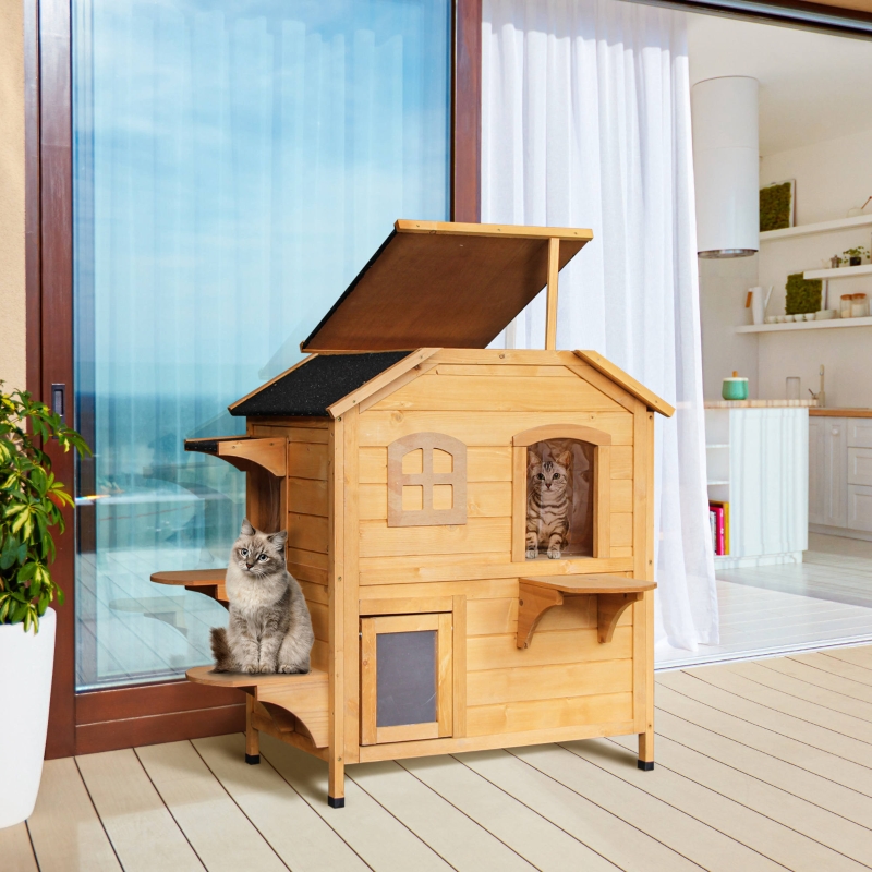 PawHut Solid Wood Cat House 2-Stories, with Indoor Lounge Space, Indoor/Outdoor, and Fun Entrances, Catio, Yellow