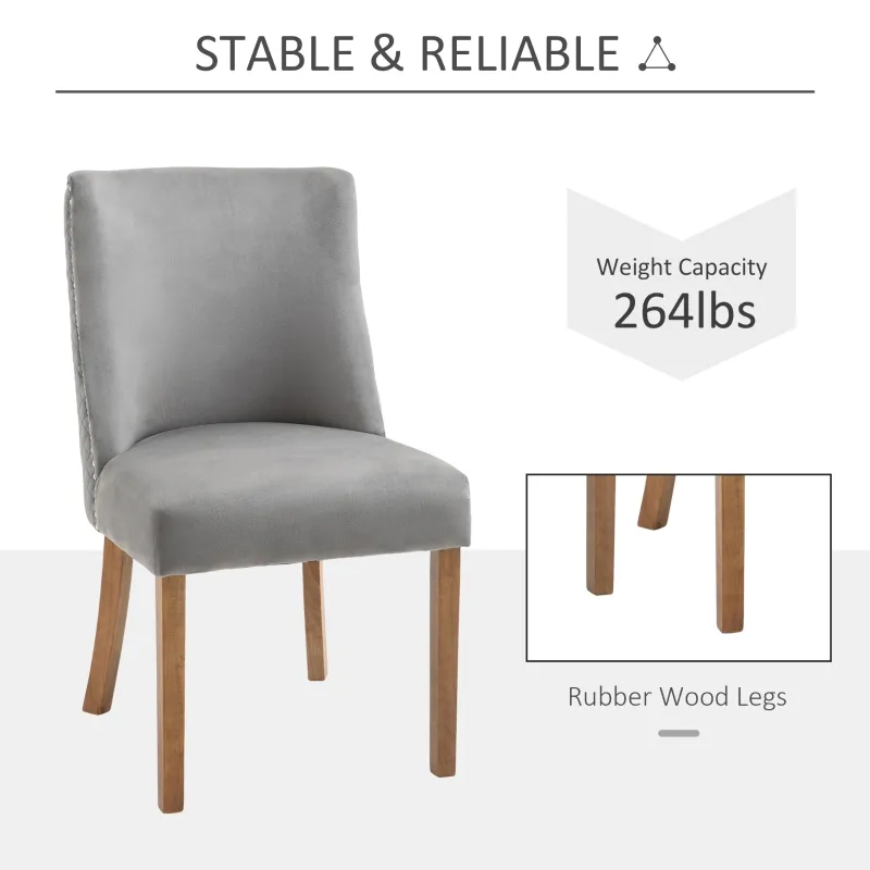 HOMCOM Modern Dining Chairs Set of 2 with High Back, Dining Room Chairs with Nailhead Trim, Upholstered Seats and Solid Wood Legs for Kitchen, Light Grey