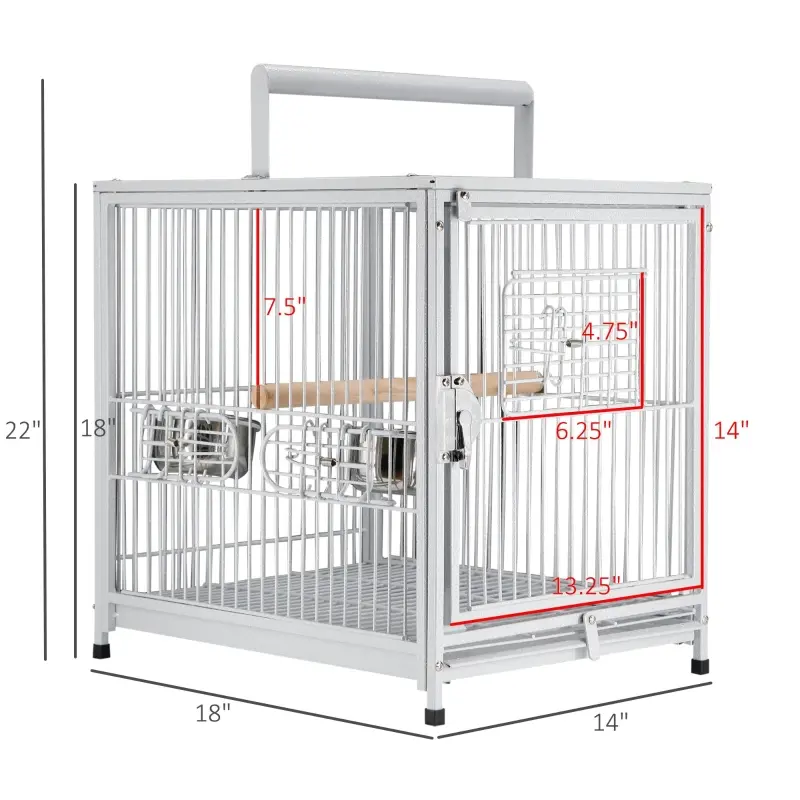 PawHut 18" Heavy Duty Wrought Iron Travel Bird Cage Carrier With Handle Perch And Accessories - White