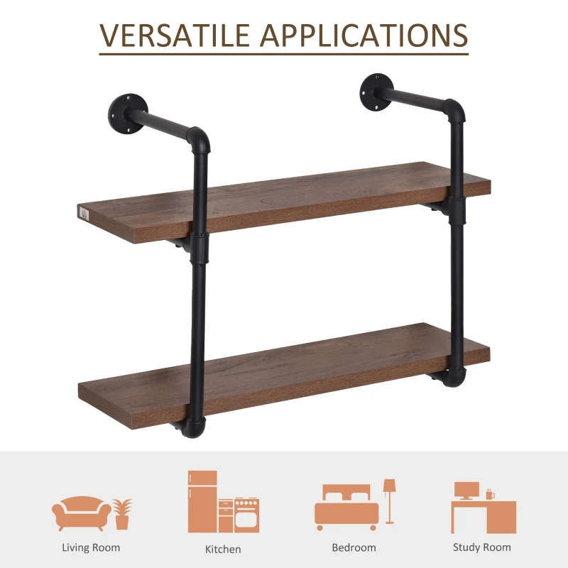 HOMCOM 2-Tier Industrial Pipe Shelves, Floating Wall Mounted Bookshelf, Metal Frame Display Rack for Living Room or Bedroom, Rustic Brown