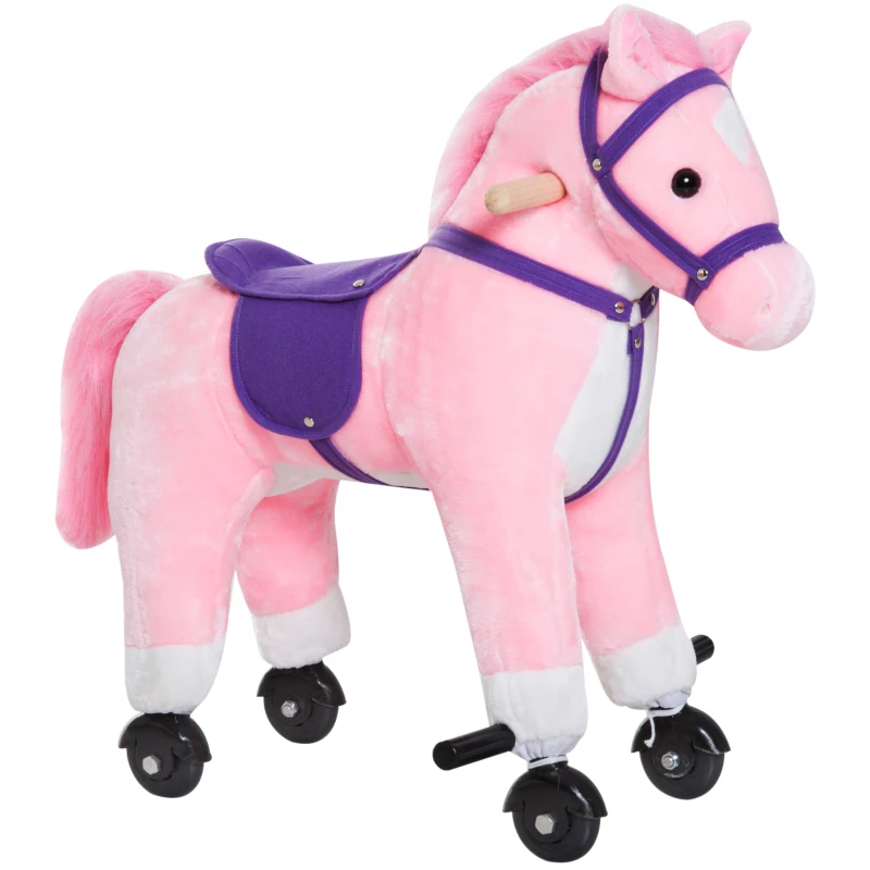 Qaba Kids Walking Pony Ride on Horse Rocking Toy Wheels & Footrest Neigh Sound Child Gift Pink