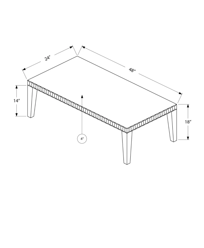 Monarch 48" Contemporary Mirrored-Finish Accent Coffee Table with Tapered Brushed Silver Legs and Emerald Cut Inspired Apron
