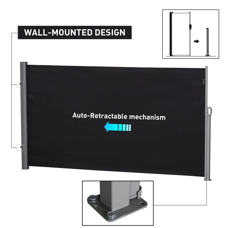 Outsunny 118" x 79" Side Awning, Retractable Privacy Screen & Driveway Guard, Instant Outside Screen, Wall, or Fence, Side Shade and Wind Block for Indoor Outdoor, Garden, Black