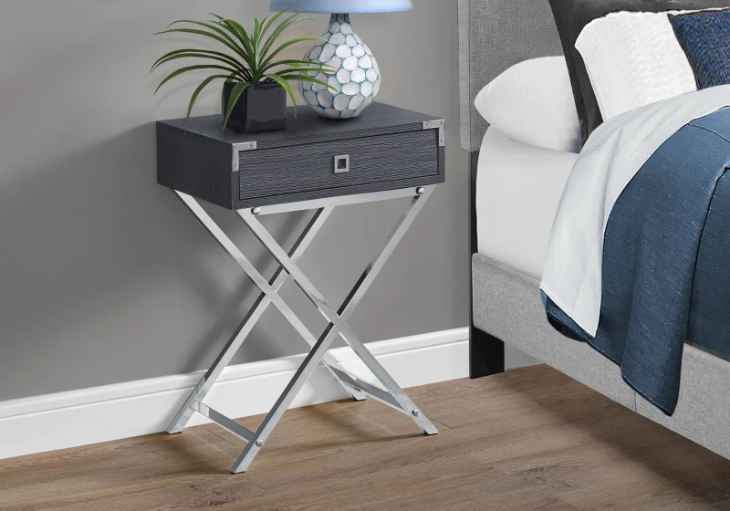 Monarch 24" Contemporary Accent Side End Table with Large Storage Drawer and Metal X-Design Legs - Grey Wood Grain-Look / Chrome Metal Legs